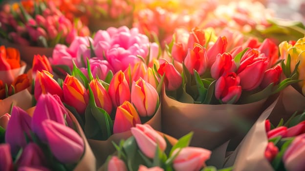 Close-up view of many wrapped tulip bouquets of different color tulips. AI generated