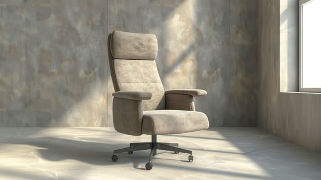 An office chair in the empty grey room. Business interior background, copy space. AI generated
