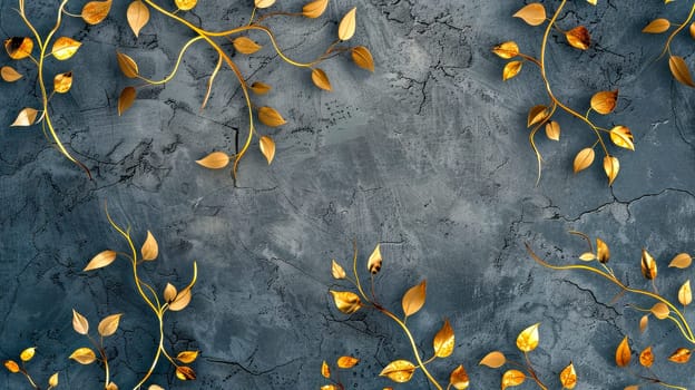 Shiny golden leaves creatively arranged on a black stone background. Copy space.