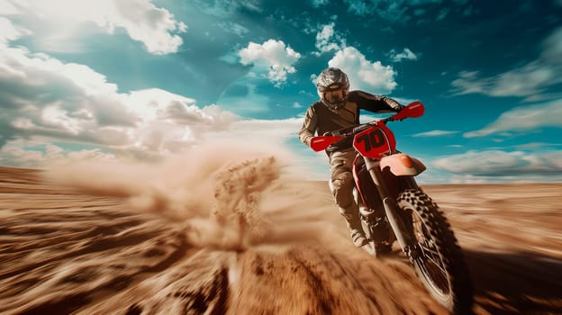 Motocross rider in action on a sandy desert road. Motocross sport. AI generated