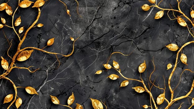 Shiny golden leaves creatively arranged on a black stone background. AI generated