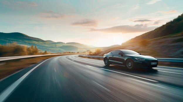 Black car speeding in mountain landscape road at sunset. AI generated