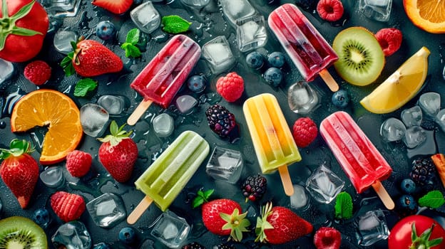 Vegetarian Ice cream popsicles on a stone background with ice cubes, fruits and berries.  AI generated