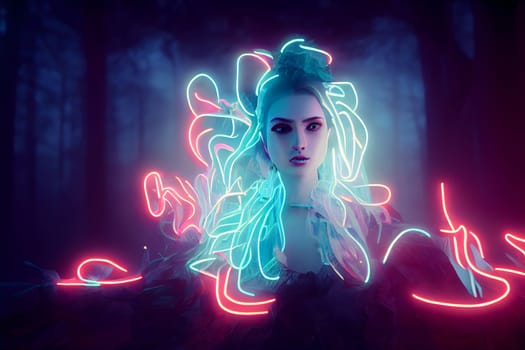 dreamy unrecognizable woman silhouette with colorful neon fumes black conical judenhat, neural network generated art. Digitally generated image. Not based on any actual scene or pattern.