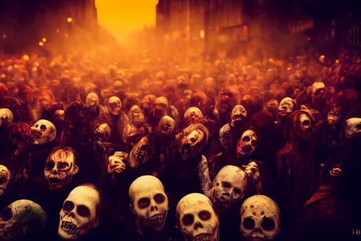 large crowd of zombies and skeletons on the street with orange smoke or fog, neural network generated art. Digitally generated image. Not based on any actual scene or pattern.