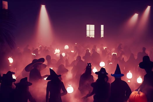 massive halloween party with many unrecognizable costumed people dancing in fog or smoke, neural network generated art. Digitally generated image. Not based on any actual scene or pattern.