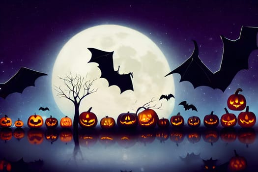 halloween background, bats, pumpkins, reflections on water, large full moon and stars at night, neural network generated art. Digitally generated image. Not based on any actual scene or pattern.