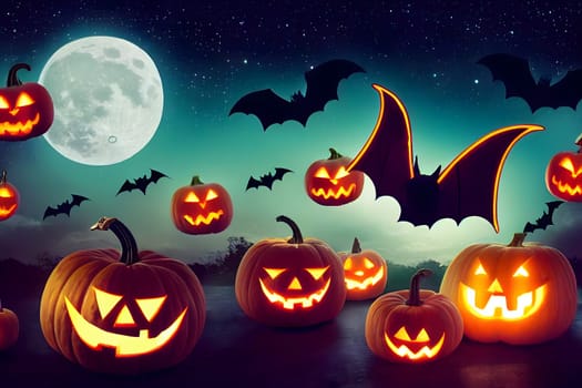 halloween background, bats, pumpkins, full moon and stars at night, neural network generated art. Digitally generated image. Not based on any actual scene or pattern.