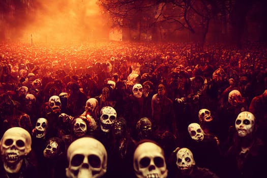 large crowd of zombies and skeletons on the street with orange smoke or fog, neural network generated art. Digitally generated image. Not based on any actual scene or pattern.