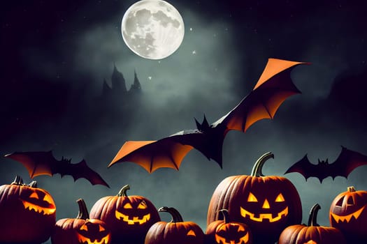 halloween background, bats, pumpkins, full moon and stars at night, neural network generated art. Digitally generated image. Not based on any actual scene or pattern.
