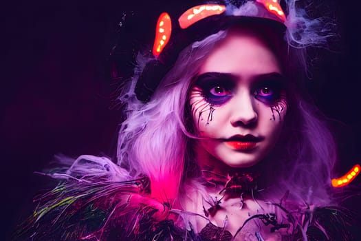 Halloween witch makeup girl in stylish costume at halloween celebration night, neural network generated art. Digitally generated image. Not based on any actual scene or pattern.