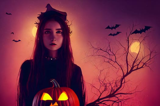 Halloween witch makeup girl in stylish costume at halloween celebration night, neural network generated art. Digitally generated image. Not based on any actual scene or pattern.