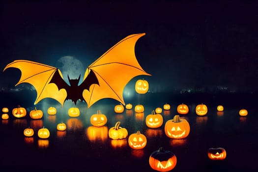 halloween background, bats, pumpkins, reflections on water, large full moon and stars at night, neural network generated art. Digitally generated image. Not based on any actual scene or pattern.