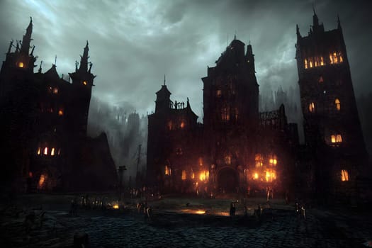 grim and dark medieval gothic castle inner yard, neural network generated art. Digitally generated image. Not based on any actual scene or pattern.