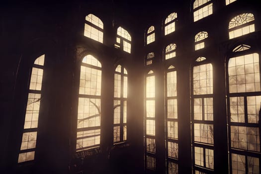 dark gothic abandoned ancient chapel hall interior with tall narrow windows, neural network generated art. Digitally generated image. Not based on any actual scene or pattern.