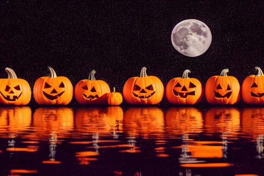 halloween background - row of carved pupmkin heads reflecting in the water with full Moon night sky, neural network generated art. Digitally generated image. Not based on any actual scene or pattern.