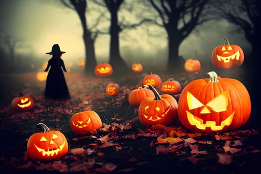 scary pumpkin heads in dark halloween forest with witch figure, neural network generated art. Digitally generated image. Not based on any actual scene or pattern.