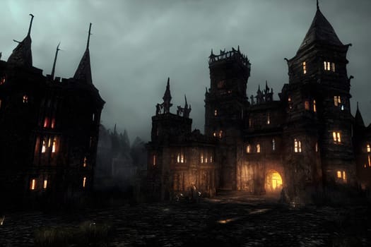 grim and dark medieval gothic castle inner yard, neural network generated art. Digitally generated image. Not based on any actual scene or pattern.