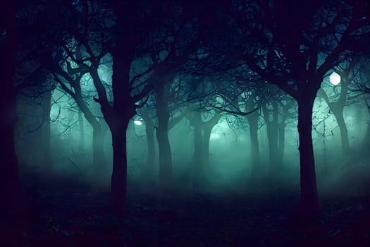 spooky dark foggy empty forest, neural network generated art. Digitally generated image. Not based on any actual scene or pattern.