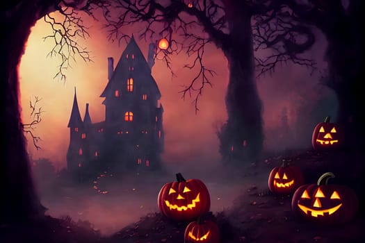 old spooky house in halloween woods with pumpkin heads and red mist, neural network generated art. Digitally generated image. Not based on any actual scene or pattern.