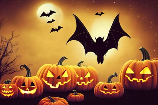 halloween background, bats, pumpkins, full moon and stars at night, neural network generated art. Digitally generated image. Not based on any actual scene or pattern.