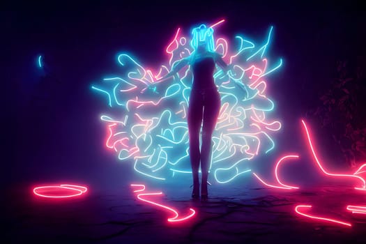dreamy unrecognizable woman silhouette with colorful neon fumes black conical judenhat, neural network generated art. Digitally generated image. Not based on any actual scene or pattern.