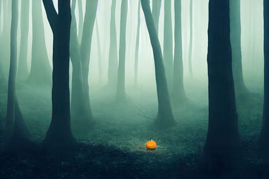 one small pumpkin lantern in spooky dark foggy forest, neural network generated art. Digitally generated image. Not based on any actual scene or pattern.