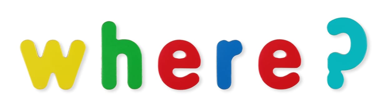 A where word in coloured magnetic letters on white with clipping path to remove shadow
