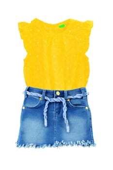 Short blue jeans skirt with blue white linen twine and golden ornaments and a sleeveless yellow shirt or blouse isolated on a white. Denim fashion for girls.