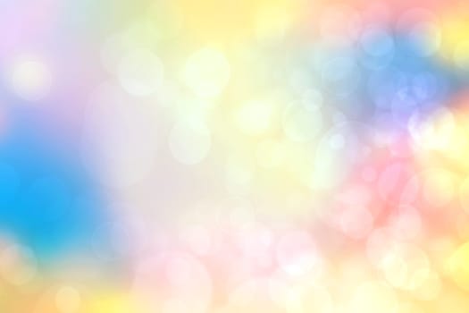 Abstract blurred fresh vivid spring summer light delicate pastel yellow pink orange turquoise blue bokeh background texture with bright circular soft color lights. Beautiful backdrop illustration.
