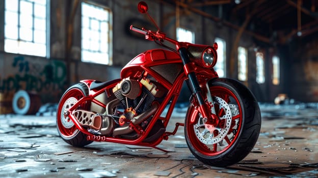 Custom red motorcycle at abandoned creative workshop. AI generated