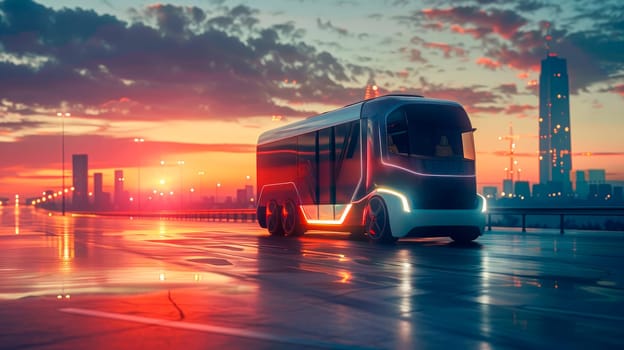 Futuristic autonomous lorry on city road at night. Cargo transportation of the future. AI generated