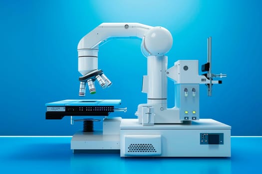 Modern Medical Research Laboratory with Microscope on the Desk. Scientific Lab Biotechnology Development Center of High-Tech Equipment. AI generated