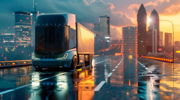 Futuristic autonomous lorry on city road at night. Cargo transportation of the future. AI generated