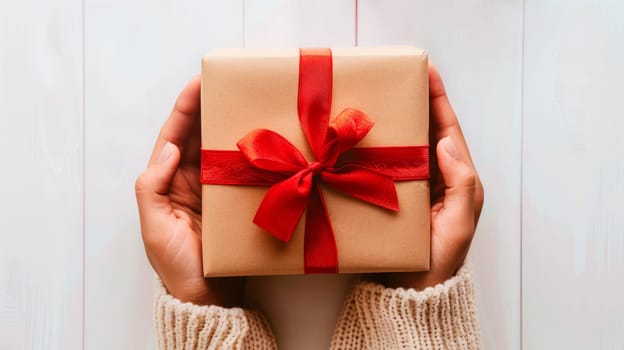 Female hands holding  gift box , top view. Copy-space. AI generated