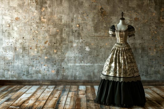 Vintage dress on a mannequin at empty room with grey walls and wooden floor. AI generated