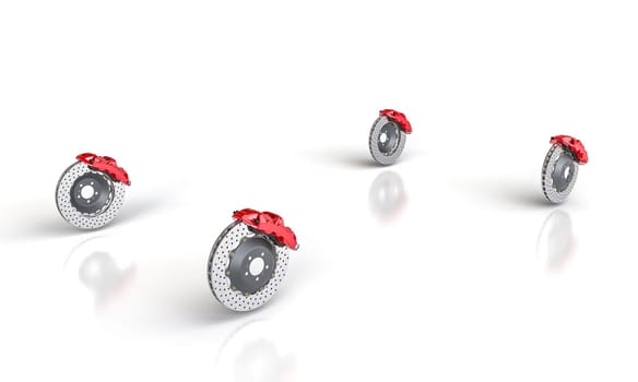 Red brake calipers  metal brake discs  white background 3d render