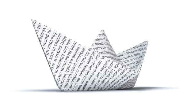 Folded paper boat lorem ipsum  white background 3d render