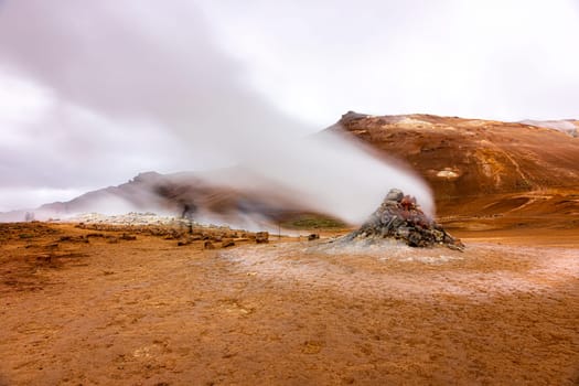 Geothermal vent erupting steam Hverir iceland background