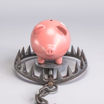 Pink piggy bank rusty bear trap,  concept of financial risk. 3d render