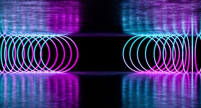 Neon lights purple  blue tunnel effect on a dark background 3d