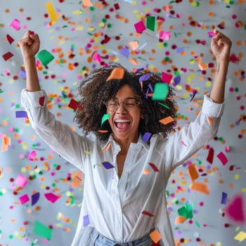 Woman celebrating with arms raised, colorful confetti falling, joyful moment
