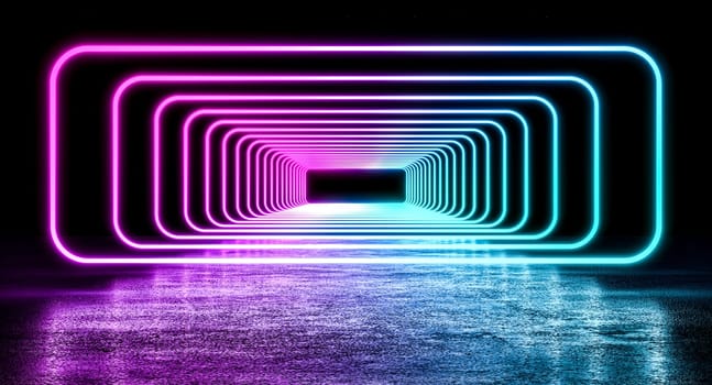 Glowing purple blue neon lights  rectangle frame tunnel 3d