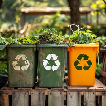 Three recycling bins with plant waste on a wooden surface, symbolizing eco-friendly waste management