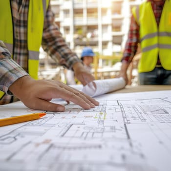 A construction blueprint with engineers discussing in the background. Hand pointing at the plan