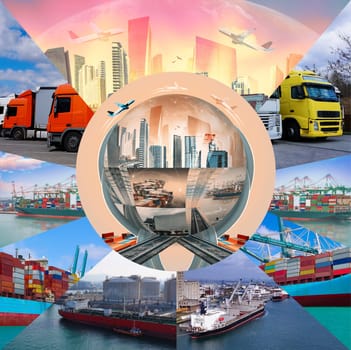 Industrial container cargo freight ship for import or export in port. Abstract design background, trucks and transport. Highway and delivering. Collage with globe. Logistics concept