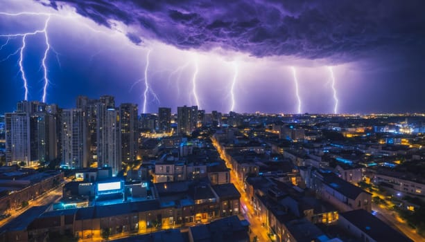 A dramatic lightning storm illuminates the night sky over a city skyline. Multiple lightning bolts strike simultaneously, creating a breathtaking and intense atmosphere.