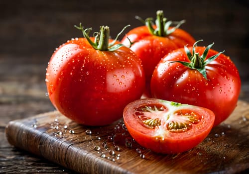 Close-up of fresh red tomatoes with water droplets on a wooden cutting board. One tomato is sliced in half, revealing the juicy interior. The rustic background enhances the freshness and appeal.