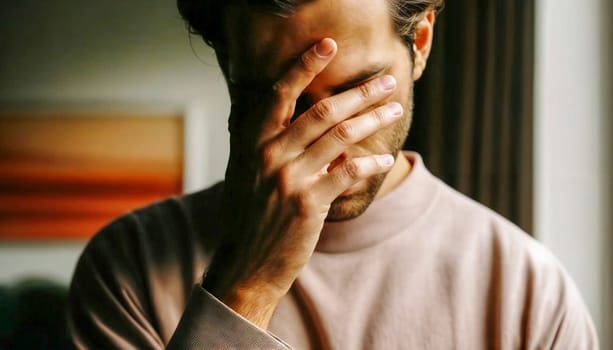 A young man in his 20s looking worried, with his hand covering his face. He is indoors with a blurred background, conveying a sense of stress or contemplation.