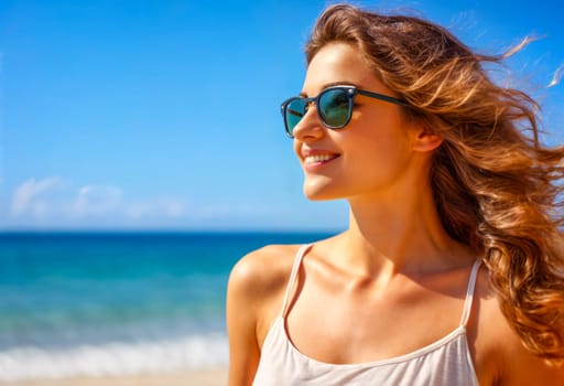 A young woman in her 20s wearing sunglasses, smiling and enjoying a sunny day at the beach. The clear blue sky and ocean in the background create a vibrant and joyful atmosphere